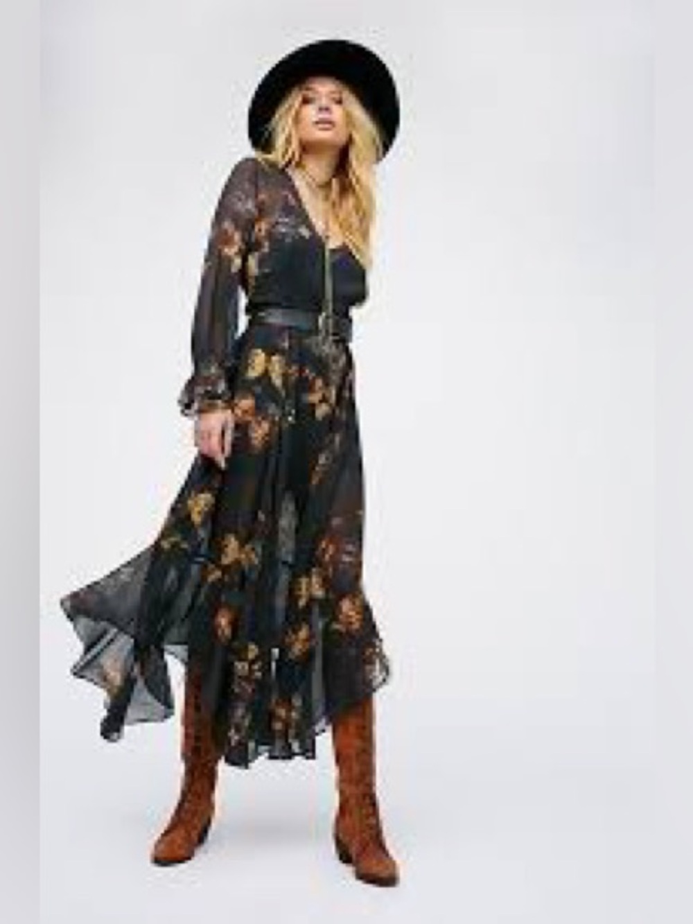 Free people Black Floral Long Sleeve Midi Dress size large